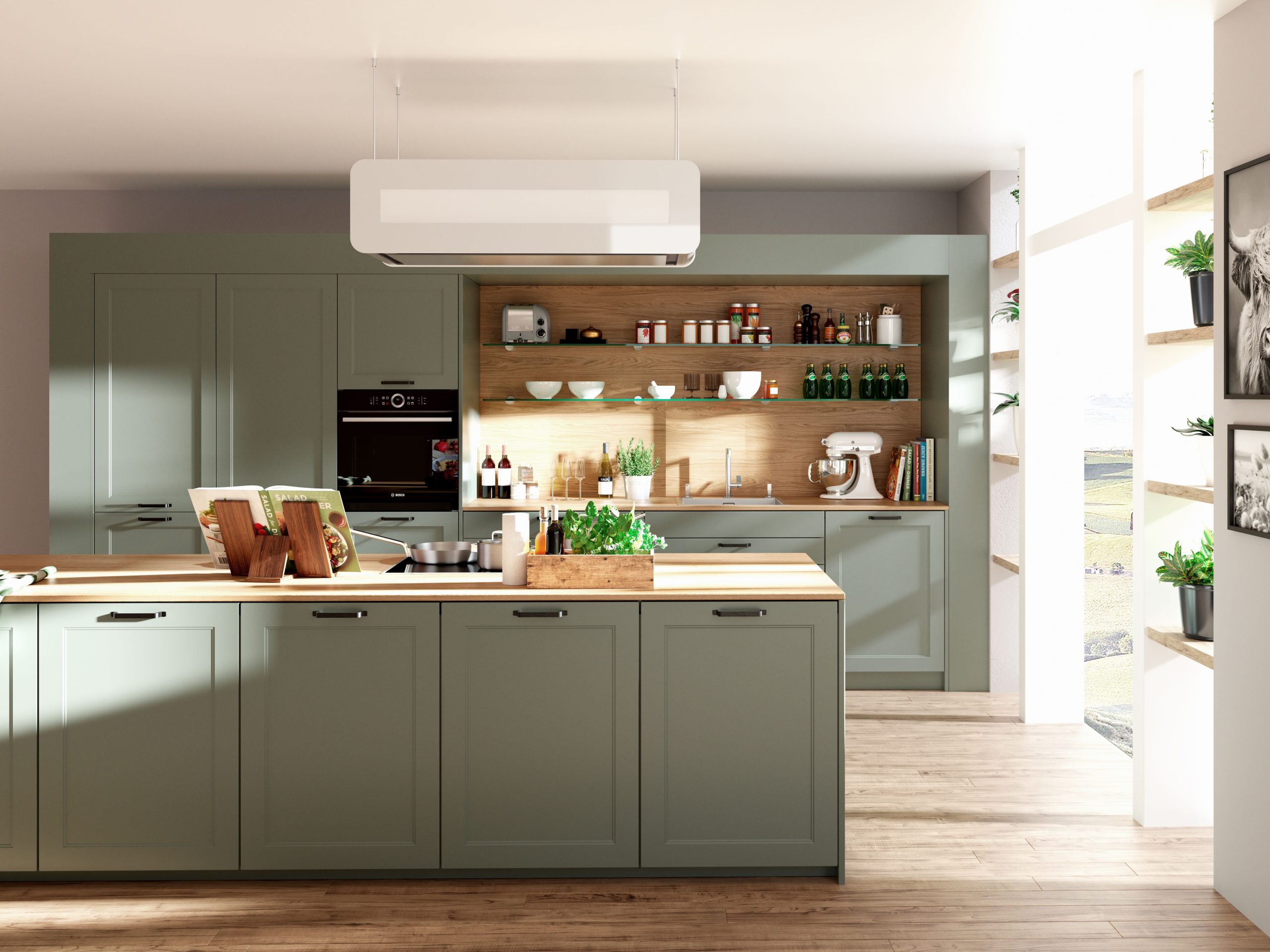 Modell Classico Fjord Grün und Eiche Nordic Arbeitsplatte