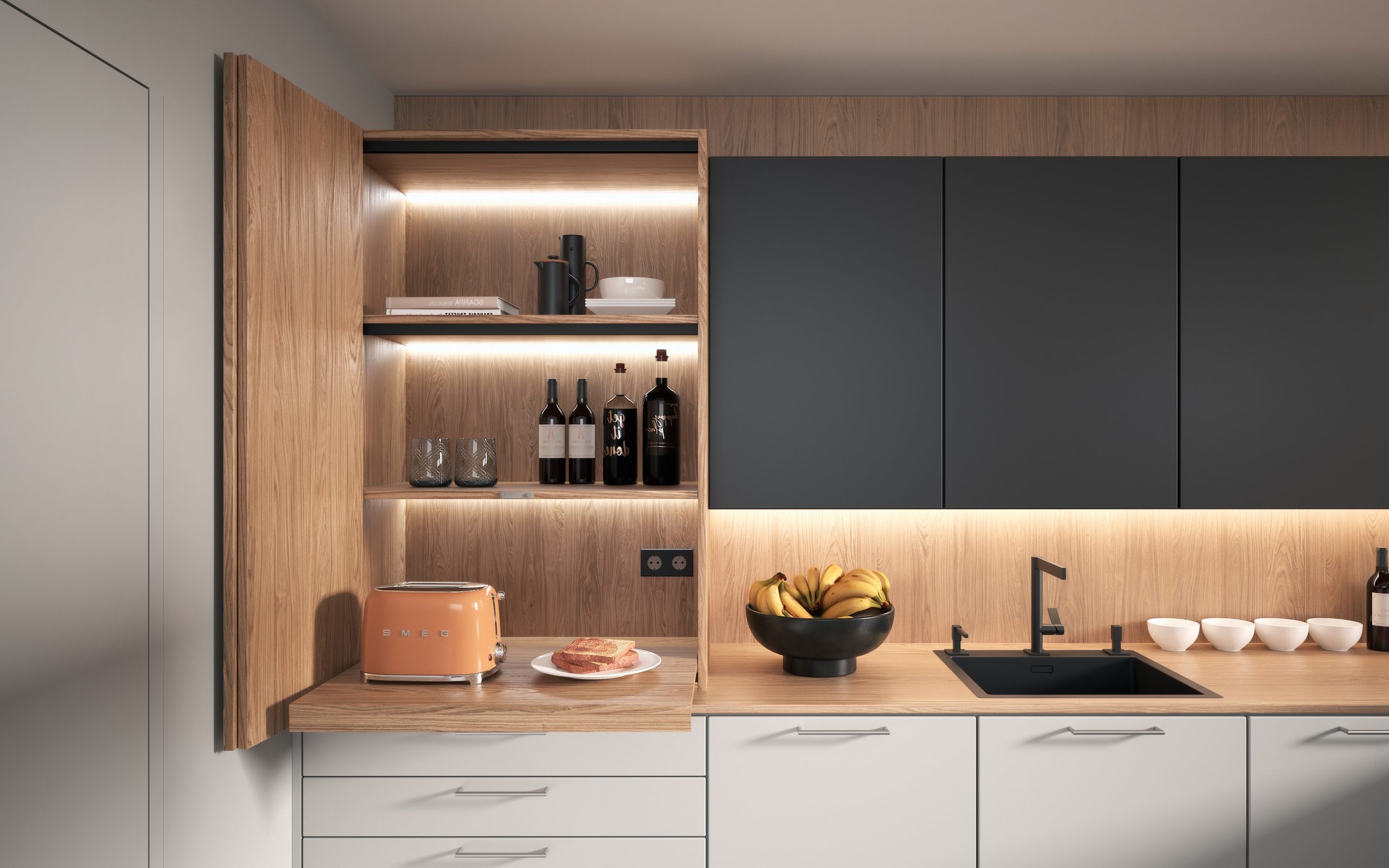 Küche Tablarauszug und Aufsatzfaltürschrank